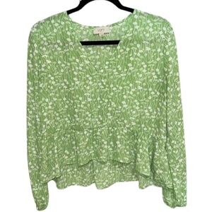 The Loft Ruffle Hem Flowy Asymmetrical Blouse Women's Green and White Small